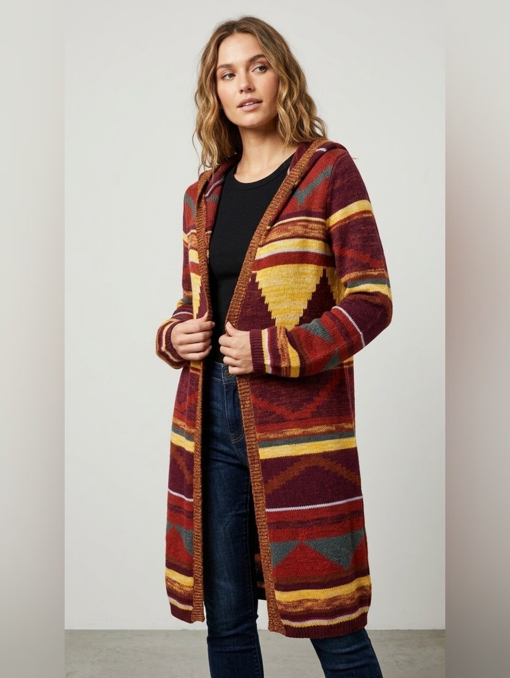 California Moonrise Nomad Art House Southwestern Knit Hooded Duster Cardigan XS